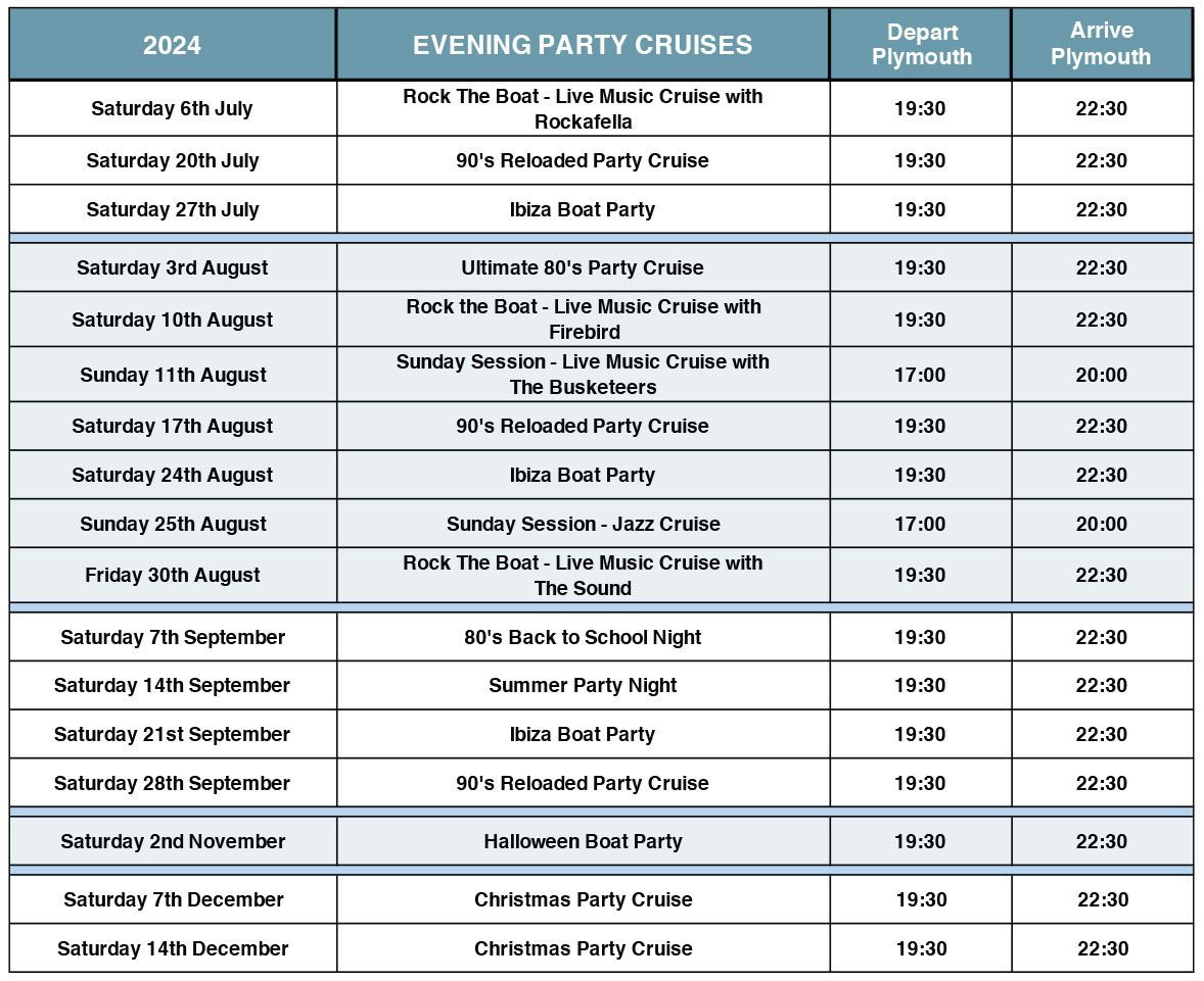 Adult Events & Party Cruises Timetable 2024
