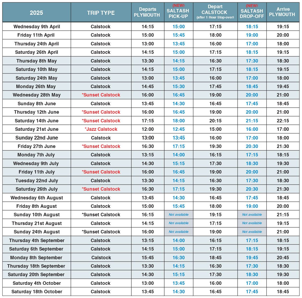 Calstock Cruise Timetable