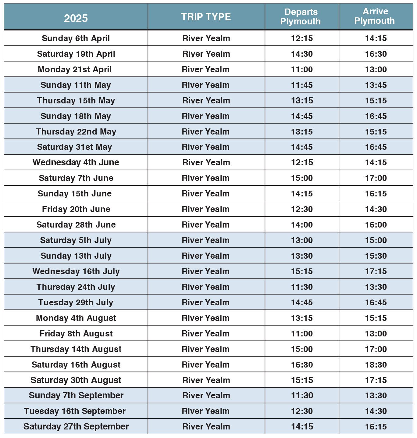 River Yealm Cruise Timetable